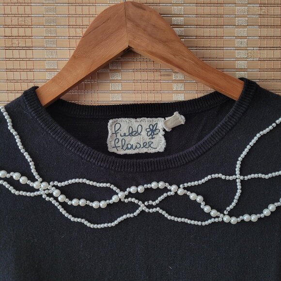 ANTHROPOLOGIE Field Flower Black Cashmere Blend Sweater Pearl Enhancement - Picture 3 of 3